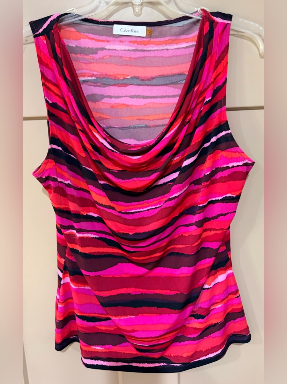 Calvin Klein Hot Pink, Fuchsia and Black Striped Cowl-Neck Tank